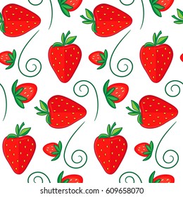 Seamless pattern with ripe strawberries and green swirls. Bright berries on a white background. Flat style
