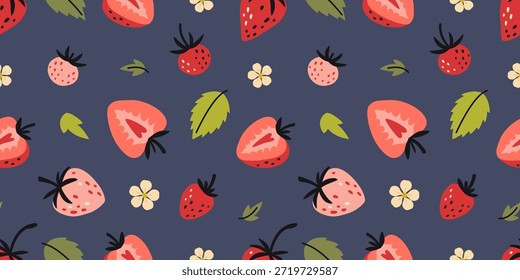 Padrão sem emenda com morangos maduros, folhas e flores pequenas. Arte de frutas frescas de verão. Moderna ilustração vetorial sobre fundo azul, desenhado à mão, design plano