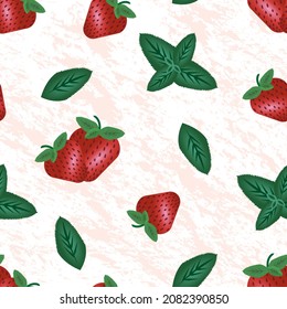 Seamless pattern with ripe strawberries and mint leaves. Vector background.