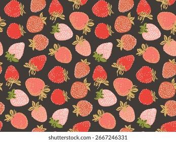 Patrón sin fisuras con fresas maduras sobre un fondo marrón chocolate oscuro (café). Abstractas estampado de bayas en un estilo dibujado a mano. Sentimiento de verano, hermoso fondo de fresa. Ilustración vectorial