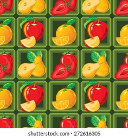 seamless pattern of ripe strawberry, apple, orange, pear and slices of them