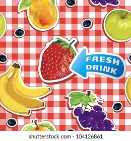 Patrón sin foco con fresa y plátanos maduros, pera, manzana, uva. Resumen Elegancia patrón de comida sin fisuras, ilustración vectorial