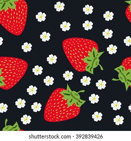 Seamless pattern with ripe strawberry on black background