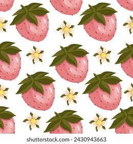 Seamless pattern with ripe summer berries of blooming strawberries.Vector graphics.