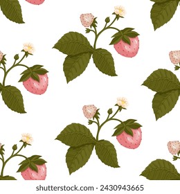 Seamless pattern with ripe summer berries of blooming strawberries.Vector graphics.