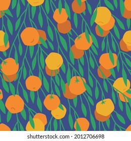 Seamless pattern of ripe tangerines on tree branches. Juicy citrus harvest. Bright orange fruits on the branches of a tree. Design for fabric. Flat vector illustration.
