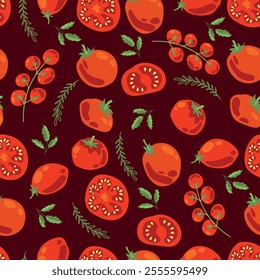 Seamless pattern of ripe tomatoes. Vegetables. Red tomatoes. Juicy Harvest. Healthy food. Vector illustration.