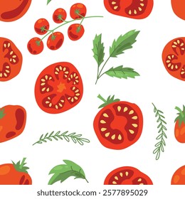 Seamless pattern of ripe tomatoes. Vegetables. Red tomatoes. Juicy Harvest. Healthy food. Vector illustration.