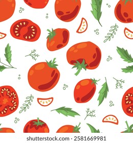 Seamless pattern of ripe tomatoes. Vegetables. Red tomatoes. Juicy Harvest. Healthy food. Vector illustration.