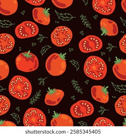 Seamless pattern of ripe tomatoes. Vegetables. Red tomatoes. Juicy Harvest. Healthy food. Vector illustration.