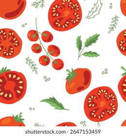Padrão sem emenda de tomates maduros. Produtos hortícolas. Tomates vermelhos. Colheita suculenta. Comida saudável. Ilustração vetorial.