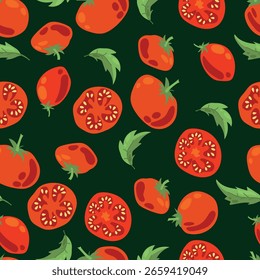 Patrón sin fisuras de tomates maduros. Verduras. Tomates rojos. Jugosa cosecha. Comida saludable. Ilustración vectorial.