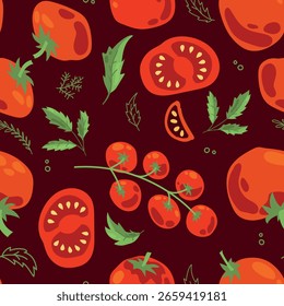Padrão sem emenda de tomates maduros. Produtos hortícolas. Tomates vermelhos. Colheita suculenta. Comida saudável. Ilustração vetorial.