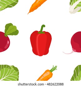 Seamless pattern of ripe vegetables from the garden. Red pepper, sweet carrot, chinese cabbage, beetroot in flat style.