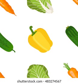 Seamless pattern of ripe vegetables from the garden. Yellow pepper, sweet carrot, chinese cabbage, cucumber in flat style.