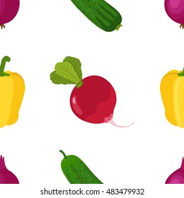 Seamless pattern of ripe vegetables from the garden. Yellow pepper, beetroot, cucumber, onion in flat style.