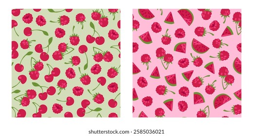 Seamless pattern of ripe watermelon, cherries with fresh raspberries, green stems and leaves on light background. Sweet berries scattered - decorative design for textile, wrapping paper or stationery.