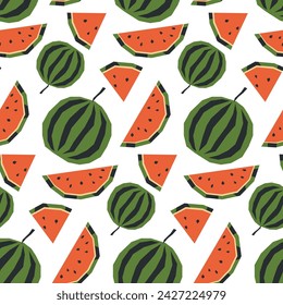Seamless pattern with ripe watermelon and slice. Applique style drawing. Background, wrapping paper.