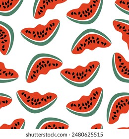 Seamless pattern ripe watermelon slices with seeds on white background - vector flat illustration for textiles, wallpapers, web design, packaging.