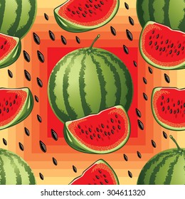 seamless pattern of ripe watermelon and watermelon slices on a white background