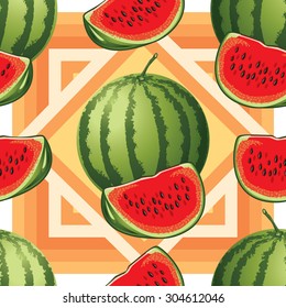 seamless pattern of ripe watermelon and watermelon slices on a white background
