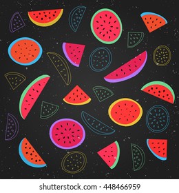 seamless pattern with ripe watermelon symbol over black background. vector textile print ornament. fashion, grunge wallpaper cool design. abstract, melon fruits ornament patterns