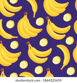 Seamless pattern with ripe yellow banana flat vector illustration on violet background. Repeatable endless design for wrapping with bananas bunches and slices.