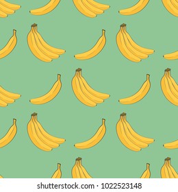 Seamless pattern of ripe yellow bananas with a contour on a green background. Design for textiles, packaging, banner, poster. Vector illustration.