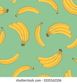 Seamless pattern of ripe yellow bananas with a contour on a green background. Design for textiles, packaging, banner, poster. Vector illustration.