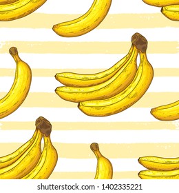Seamless pattern with ripe yellow bananas. Summer striped tropical background. Hand drawn vector illustration
