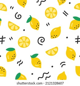 Seamless pattern of ripe yellow lemons with memphis elements on a white background.