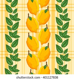 Seamless pattern with ripe yellow lemons and green leaves. Colorful fresh lemons. Bright background for wallpaper, textile, web pages, wedding invitations, etc.