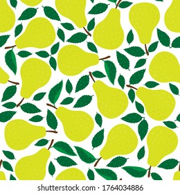 Seamless pattern with ripe yellow pears and leaves on a white background. Vector illustration in Doodle style.