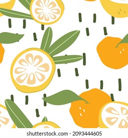 Seamless pattern ripe yuzu fruit. Cartoon print of a yellow fruit on a white isolated background. Hand-drawn organic food products. Sour citrus fruit from Asia. The concept of healthy eating.