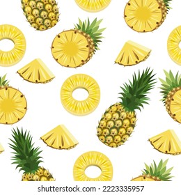 Seamless pattern ripe.juicy pineapples, whole fruit, half, peeled piece on a white background.Vector fruit pattern for textiles,screensavers,postcards, juice packs.