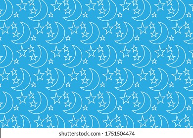 seamless pattern with rising moon and stars on a light blue background. Vector graphics. Abstract backdrop