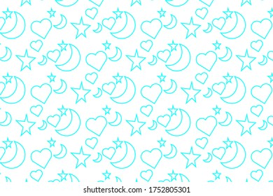 patrón impecable con luna en ascenso, estrellas y corazones en un fondo azul claro. Gráficos vectoriales. Fondo abstracto