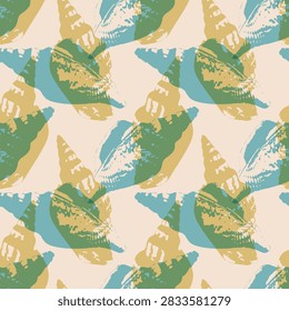 Seamless pattern with risograph style retro overlay seashells linocut stamp imprint for tropical beach resort apparel, summer home textile, and nostalgic marine wallpaper design in teal green ocher yellow and beige colors.