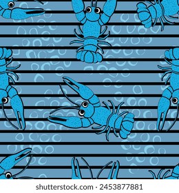 seamless pattern with river blue crayfish, geometric elements and black lines