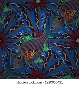 Seamless pattern with river fish on cute background in red, blue and brown colors. Vector handdrawn fishes.