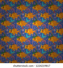 Seamless pattern with river fish on cute background in yellow, orange and blue colors. Vector handdrawn fishes.