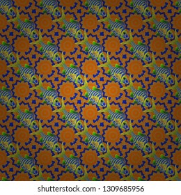 Seamless pattern with river fish on cute background in brown, blue and orange colors. Vector handdrawn fishes.