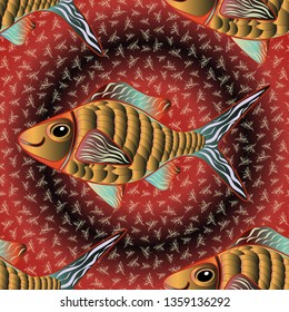 Seamless pattern with river fish on cute background in brown, orange and red colors. Vector handdrawn fishes.