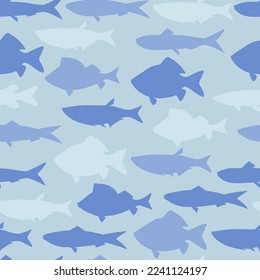 Seamless pattern with river fish. Pike, carp, perch, sardine on blue background