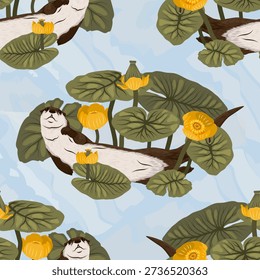 Seamless pattern with river otters swimming near blooming yellow water lilies. Decorative vector illustration.