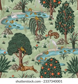 Seamless pattern with river, trees and animals. Vector