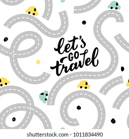 Seamless pattern road with baby cars for print, textile, wallpaper. Kids background with roads cars.