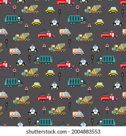 Seamless pattern with road cars. Police, fire department, ambulance, taxi, garbage truck, concrete mixer. Design for the nursery.