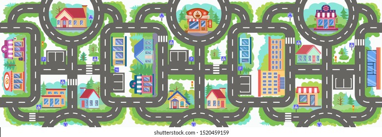 Seamless pattern road. Children board game city road. Wallpaper or carpet for children room. Kids background with map of city. Background for game with cars. Maze with road signs. Vector illustration.