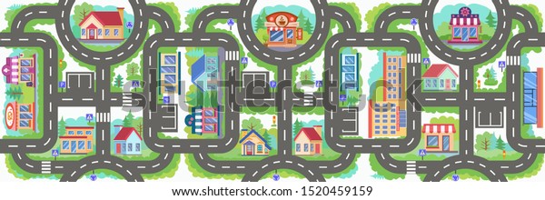 シームレスなパターンの道 子どもたちはゲーム街道 に乗り込む 子ども用の壁紙またはカーペット 子どもの背景と都市の地図 車とのゲームの背景 迷路と道路標識 ベクターイラスト のベクター画像素材 ロイヤリティフリー